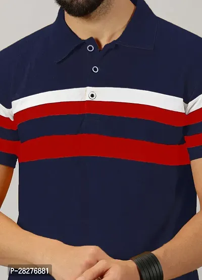 Stylish Cotton Blend Navy Blue Striped Polos Short Sleeves For Men-thumb3