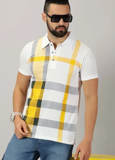Stylish Cotton Blend Printed Collar Neck Polo T-Shirt For Men