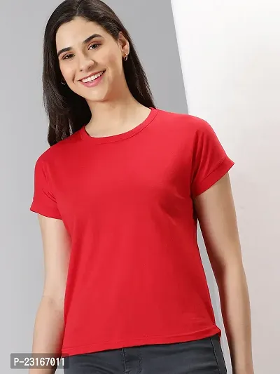 Elegant Red Cotton Blend Solid T-Shirts For Women