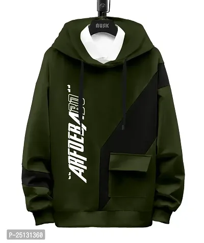 Trendy Olive Cotton Blend Printed Hooded Tees For Men