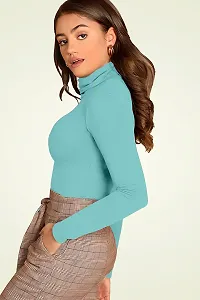 Elegant Turquoise Cotton Blend Solid High Neck T-Shirts For Women-thumb1