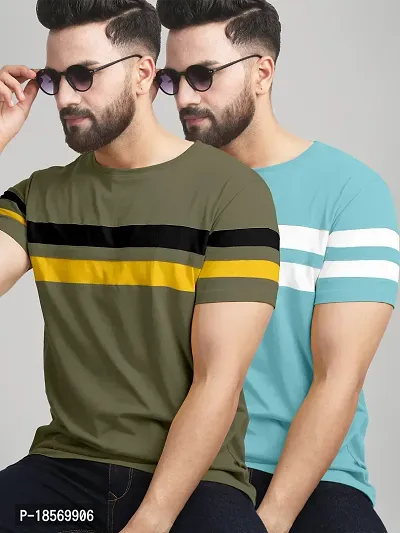 Elegant Cotton Blend Colourblocked Round Neck Tees For Men- Pack Of 2