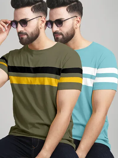 Cotton Blend Colourblocked Round Neck Tees For Men- Pack Of 2
