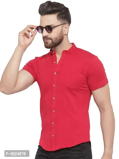 GESPO Men's Solid Red Mandarin Collar Half Sleeve Casual Shirt