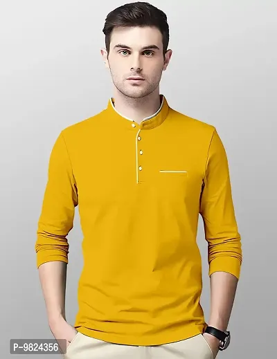 Stylish Cotton Yellow Solid Round Neck Tees Long Sleeves For Men-thumb5