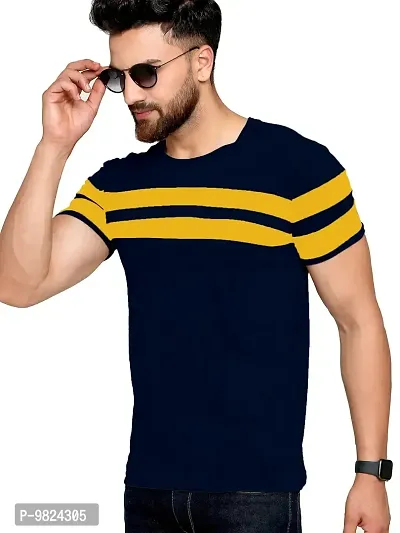 AUSK Men's Regular Round Neck Half Sleeves T-Shirts (Color:Blue & Yellow-Size:Large)-thumb0