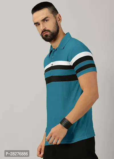 Stylish Teal Cotton Blend Striped Polos For Men-thumb4