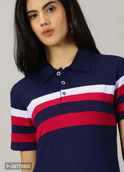 Elegant Navy Blue Cotton Blend Colourblocked Tshirt For Women-thumb2