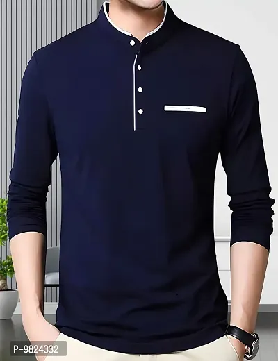 Stylish Blue Cotton Solid Full Sleeves Tees For Men-thumb5