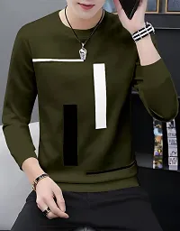 Stylish Cotton Olive Printed Round Neck Tees Long Sleeves For Men-thumb3