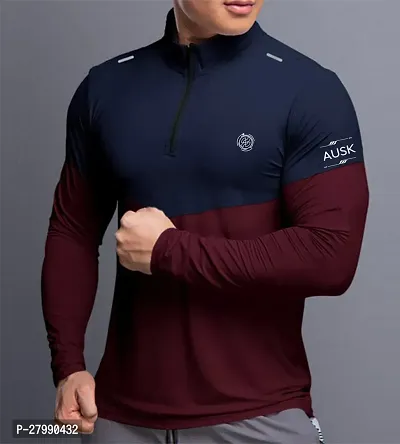 Stylish Navy Blue And Maroon Polyester Full Sleeve T-Shirt For Men