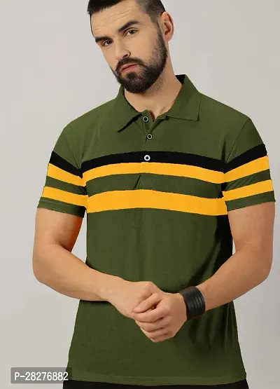 Stylish Olive Cotton Blend Striped Polos For Men