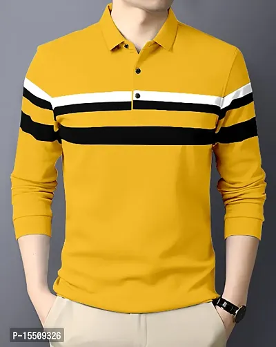 Reliable Mustard Cotton Blend Striped Polos For Men-thumb0