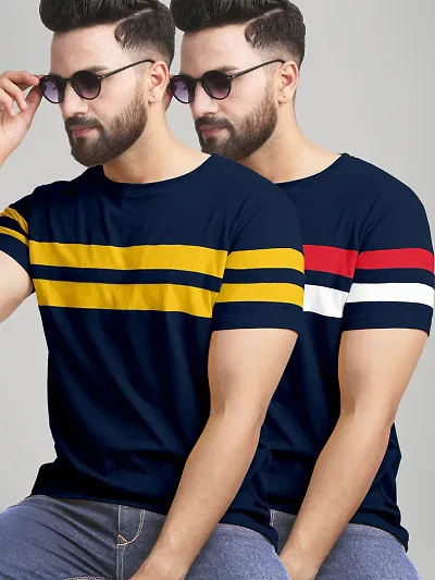Trendy  Cotton Blend Colourblocked Round Neck Tees For Men- Pack Of 2