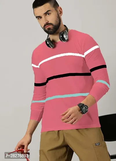Stylish Peach Cotton Blend Striped Round Neck Tees For Men
