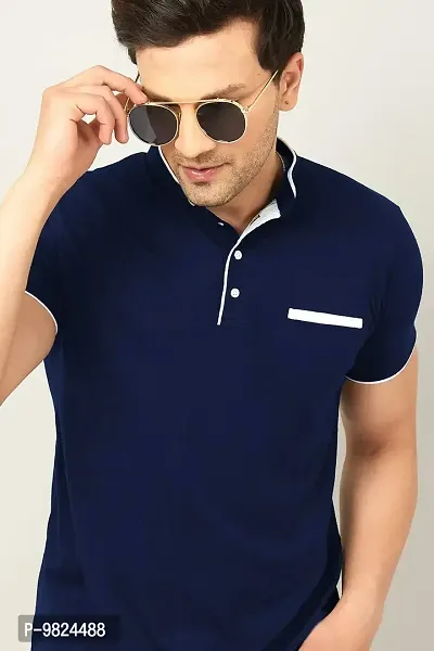 Stylish Cotton Navy Blue Solid Round Neck Tees Short Sleeves For Men-thumb5