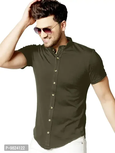 GESPO Men's Solid Dark Green Mandarin Collar Half Sleeve Casual Shirt