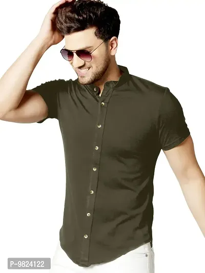 GESPO Men's Solid Dark Green Mandarin Collar Half Sleeve Casual Shirt-thumb0