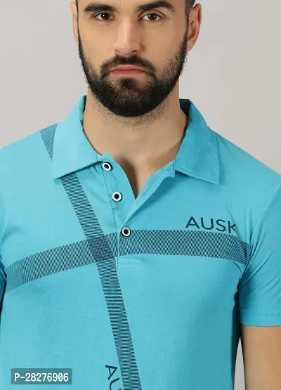 Stylish Aqua Blue Cotton Blend Printed Polos For Men-thumb3