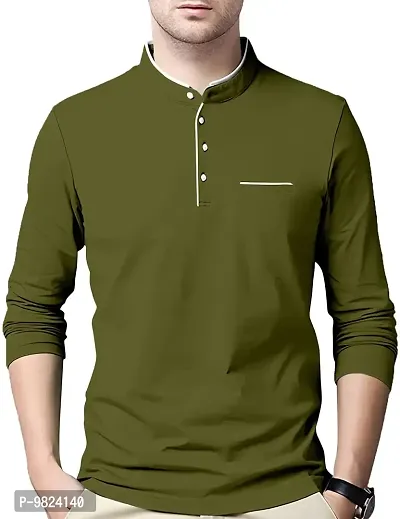 AUSK Men's Cotton Henley Neck Full Sleeve Solid Regular Fit T-Shirt (Medium; DarkGreen)