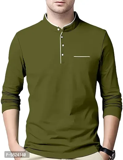 AUSK Men's Cotton Henley Neck Full Sleeve Solid Regular Fit T-Shirt (Medium; DarkGreen)-thumb0