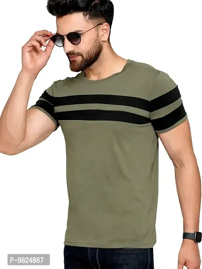 AUSK Men's Cotton Half Sleeve Round Neck Striped Tshirt (Light Green-Black, Medium)