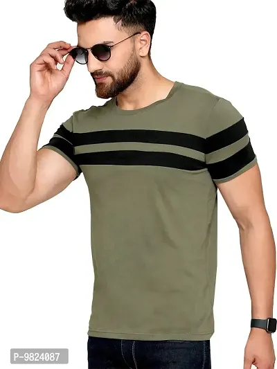 AUSK Men's Cotton Half Sleeve Round Neck Striped Tshirt (Light Green-Black, Medium)-thumb0