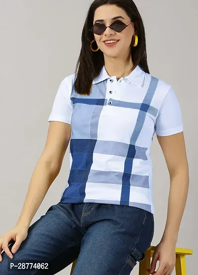 Elegant White Cotton Blend Checked Tshirt For Women