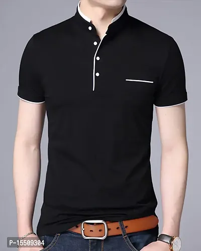 Reliable Black Cotton Blend Solid Henley Tees For Men-thumb0