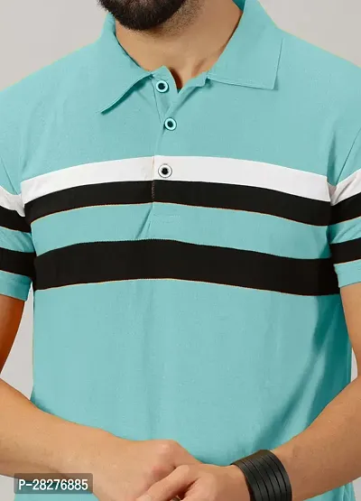 Stylish Aqua Blue Cotton Blend Striped Polos For Men-thumb3