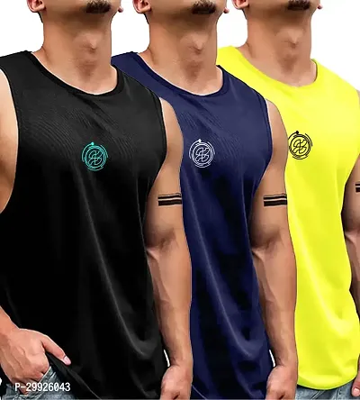 Stylish Multicoloured Polyester Printed Sleeveless Gym Vest For Men-Pack Of 3-thumb0