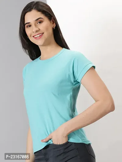 Elegant Turquoise Cotton Blend Solid T-Shirts For Women-thumb4