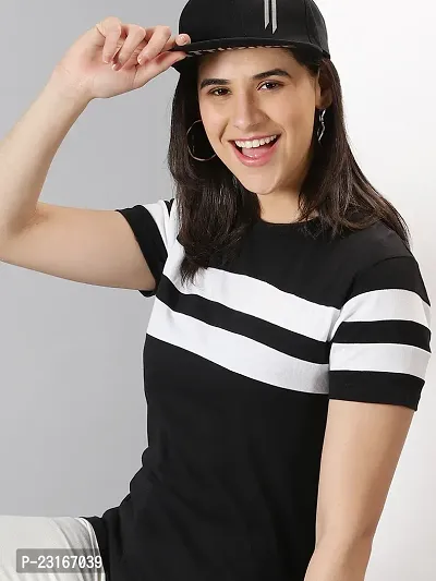 Elegant Black Cotton Blend Striped T-Shirts For Women