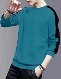 Stylish Cotton Blue Solid Round Neck Tees Long Sleeves For Men-thumb1