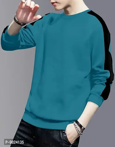 Stylish Cotton Blue Solid Round Neck Tees Long Sleeves For Men-thumb2