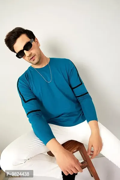 Stylish Cotton Blue Solid Round Neck Tees Long Sleeves For Men-thumb5