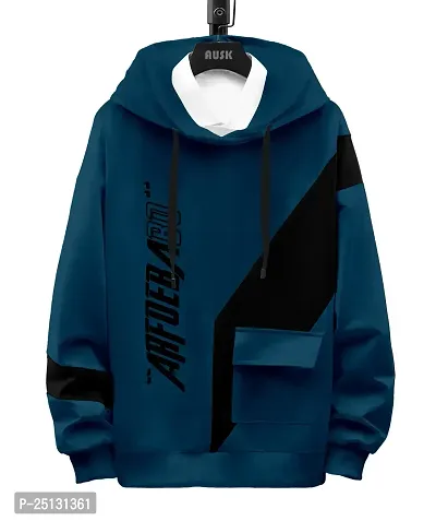 Trendy Turquoise Cotton Blend Printed Hooded Tees For Men