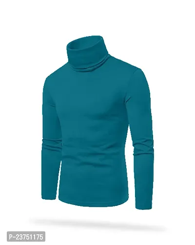 Stylish Cotton Blend Turquoise Solid High Neck Tees Long Sleeves For Men-thumb4