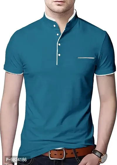 AUSK Men's Cotton Henley Neck Half Sleeve Solid Regular Fit T-Shirt (Medium; Lightblue)