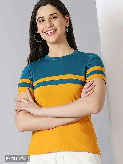 Elegant Yellow Cotton Blend Striped T-Shirts For Women