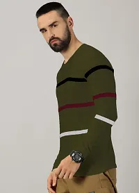 Stylish Olive Cotton Blend Striped Round Neck Tees For Men-thumb4