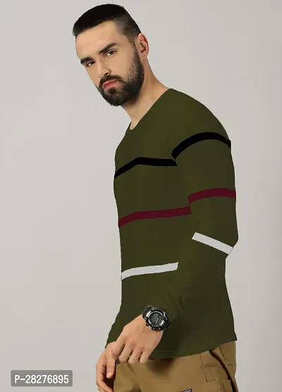 Stylish Olive Cotton Blend Striped Round Neck Tees For Men-thumb5