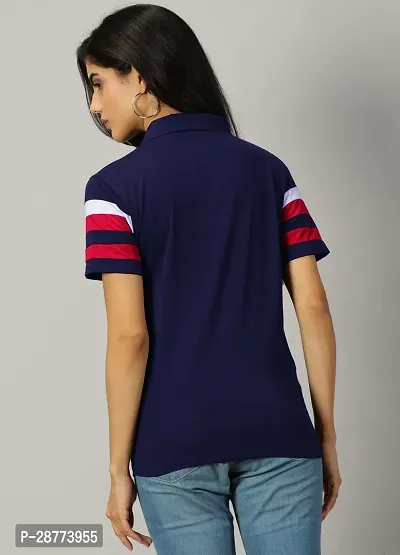 Elegant Navy Blue Cotton Blend Colourblocked Tshirt For Women-thumb3