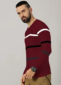 Stylish Maroon Cotton Blend Striped Round Neck Tees For Men-thumb3