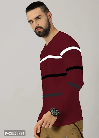 Stylish Maroon Cotton Blend Striped Round Neck Tees For Men-thumb5