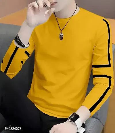 Stylish Cotton Yellow Solid Round Neck Tees Long Sleeves For Men-thumb4