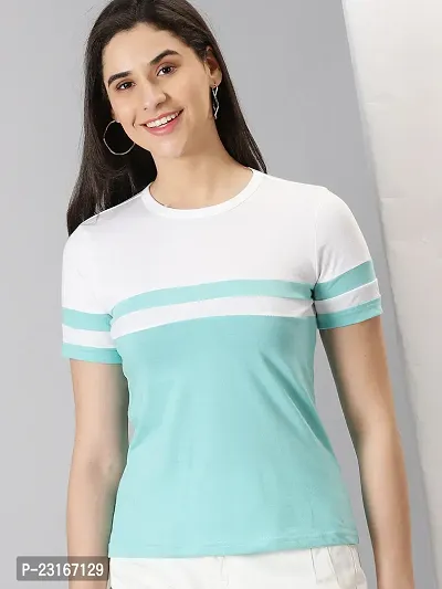 Elegant Turquoise Cotton Blend Striped T-Shirts For Women