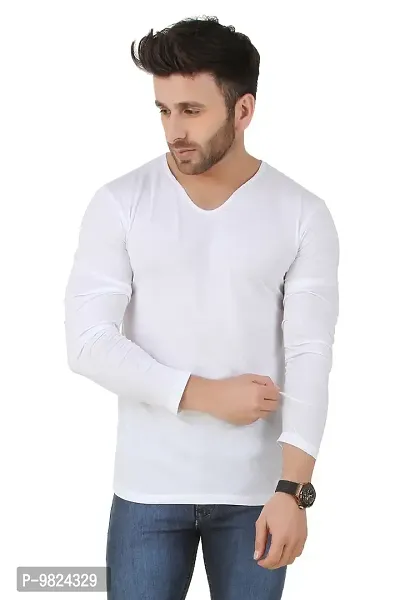 GESPO Latest Stylish Men's White Solids Regular Fit Cotton Round Neck Long Sleeves T Shirt-thumb0