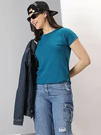 Elegant Blue Cotton Blend Solid T-Shirts For Women-thumb3