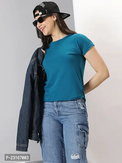 Elegant Blue Cotton Blend Solid T-Shirts For Women-thumb4